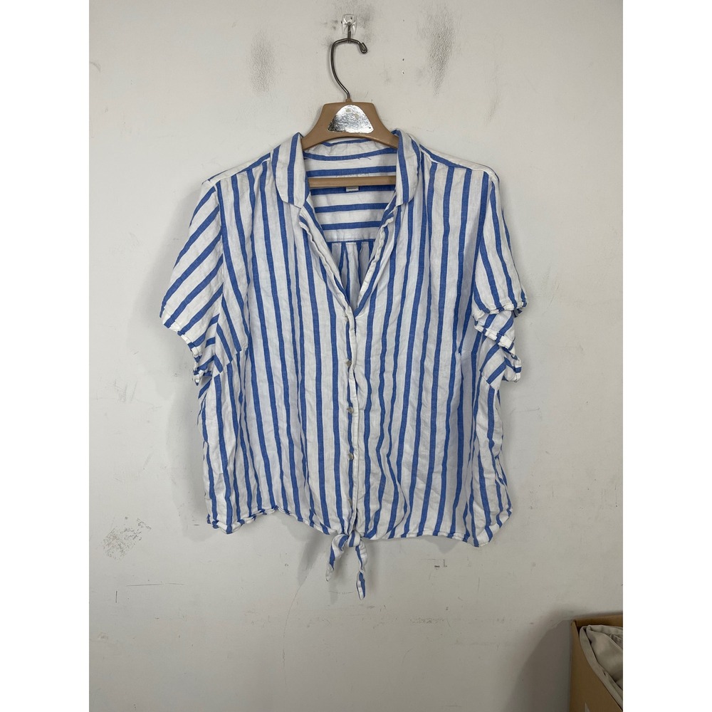 Ava & Viv Womens 2X Blue White Striped Linen Blend Tie Front Button Down Shirt
